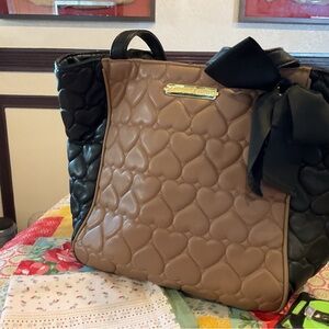 Betsey Johnson Quilted Heart Tote in Brown and Black with Bow